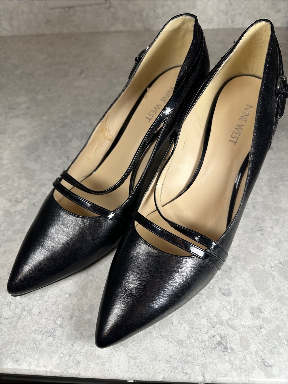 Nine West Black Leather Pointed-Toe Double-Strap Pumps